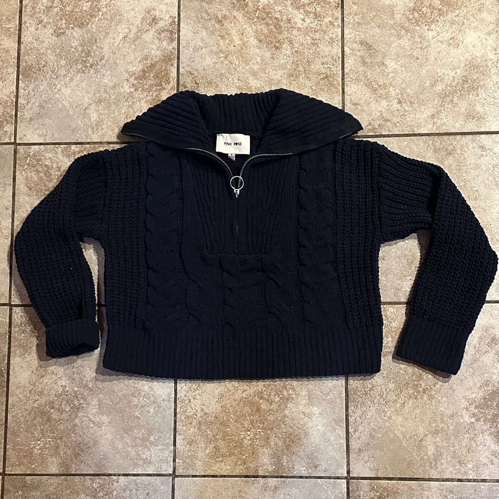 Pink rose Navy Blue pullover sweater zip up front size medium women’s